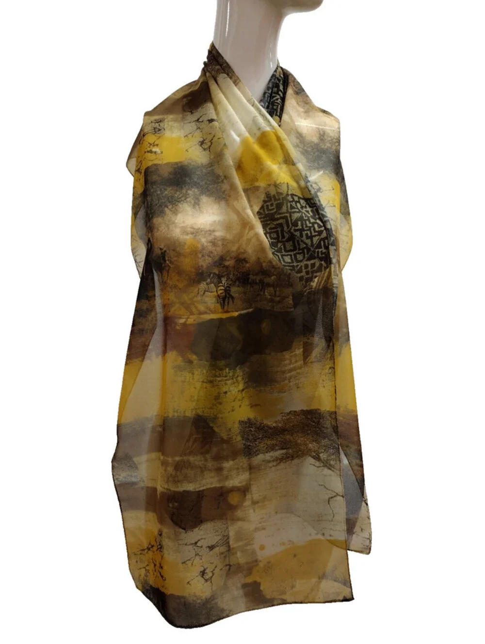 Vintage Mustard Sheer Scarf Safari Wild Animals Zebra Elephant Bohemian African